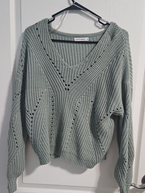 Madison Sage Green Open-Stitch V-Neck Sweater